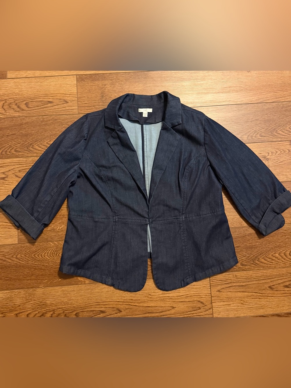 Women's Plus size Dark Blue Denim Blazer Jacket Cropped Sleeves Hook Closure